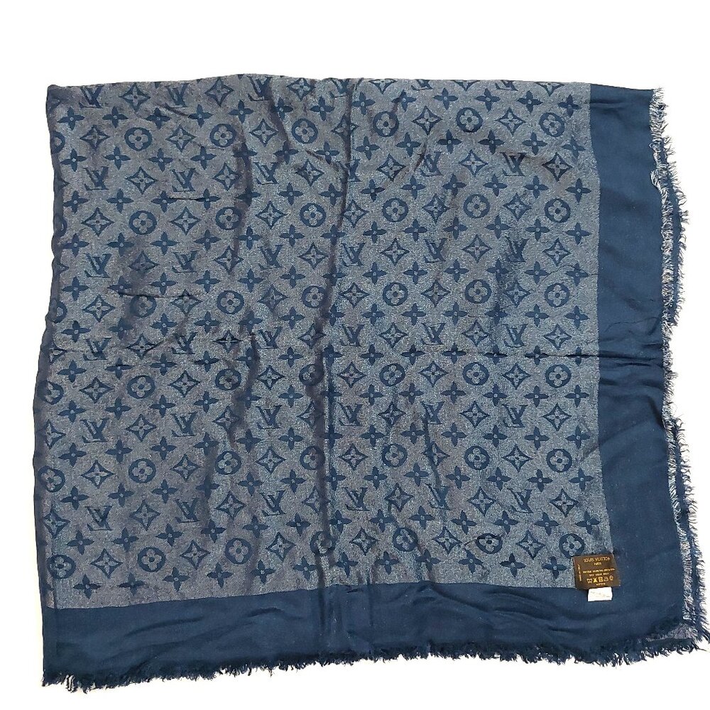 LOUIS VUITTON Vintage Iridescent Midnight Blue Silver Silk Wool Scarf Shawl Wrap - Picture 8 of 10